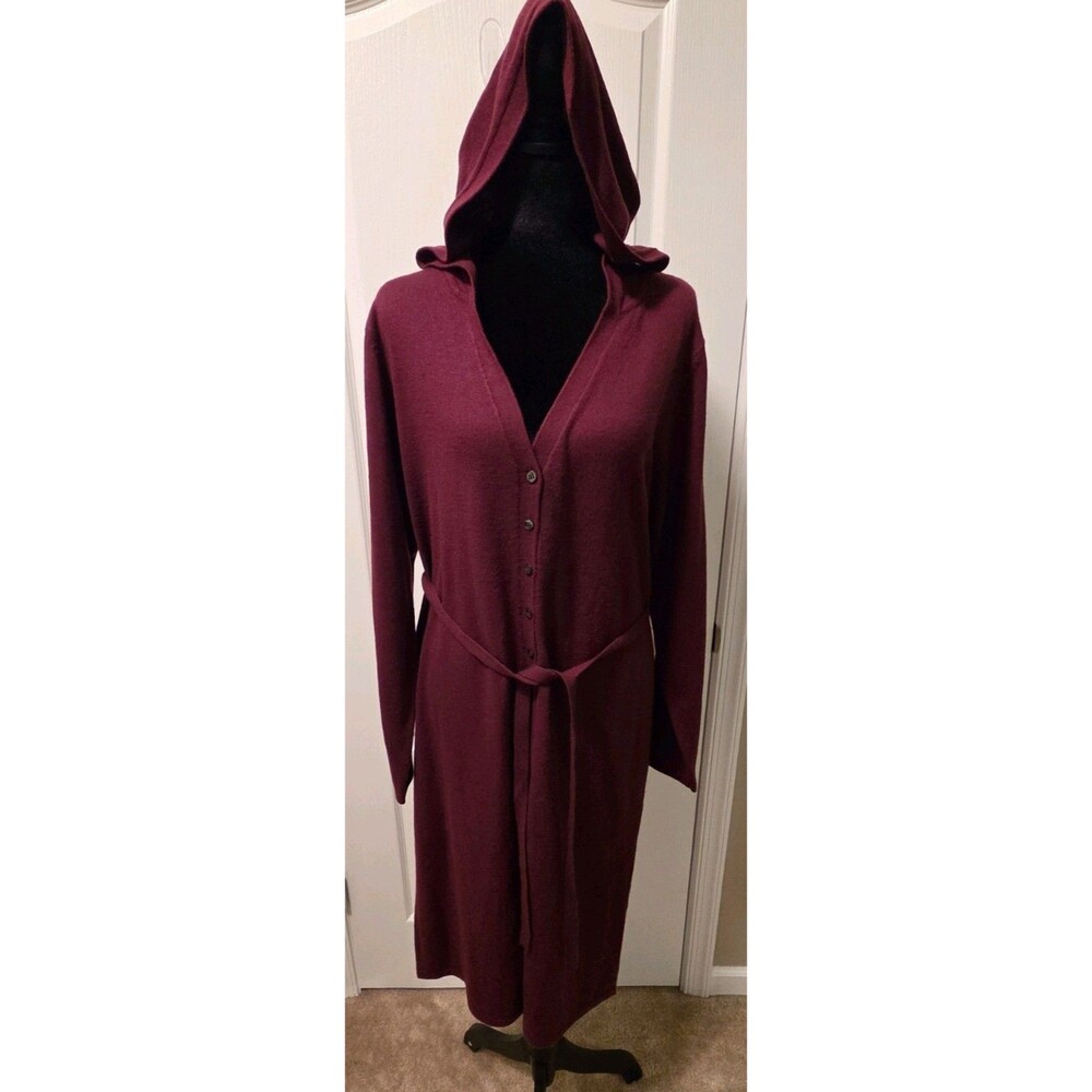 Vintage Fashion Bug Burgundy Hooded Knit Cardigan Duster with Tie Waist -Size XL